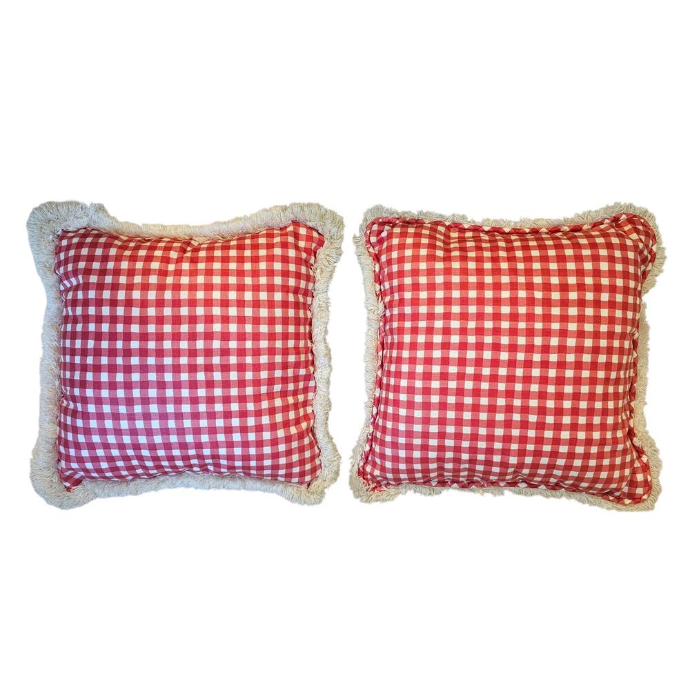 Red & White Gingham Plaid Set of 2 Accent Pillows with Fringe